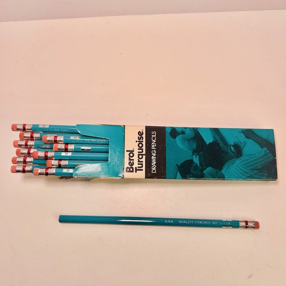 Vintage Berol Turquoise Drawing Pencils With Erasers 1375 (12) NIB NOS USA
